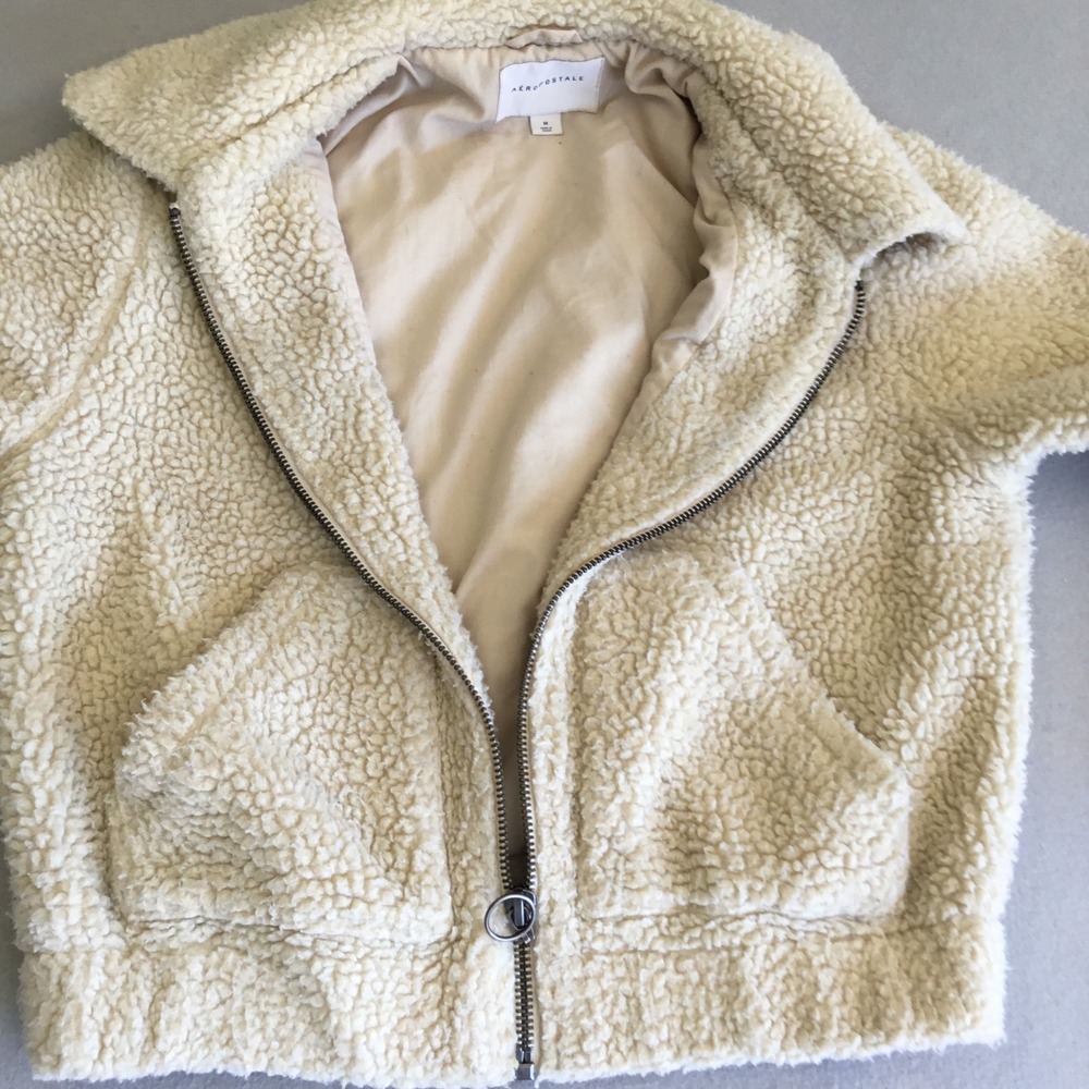 Aeropostale Cream Sherpa Teddy Fleece Zip Up Bomber Jacket Medium - Picture 3 of 8